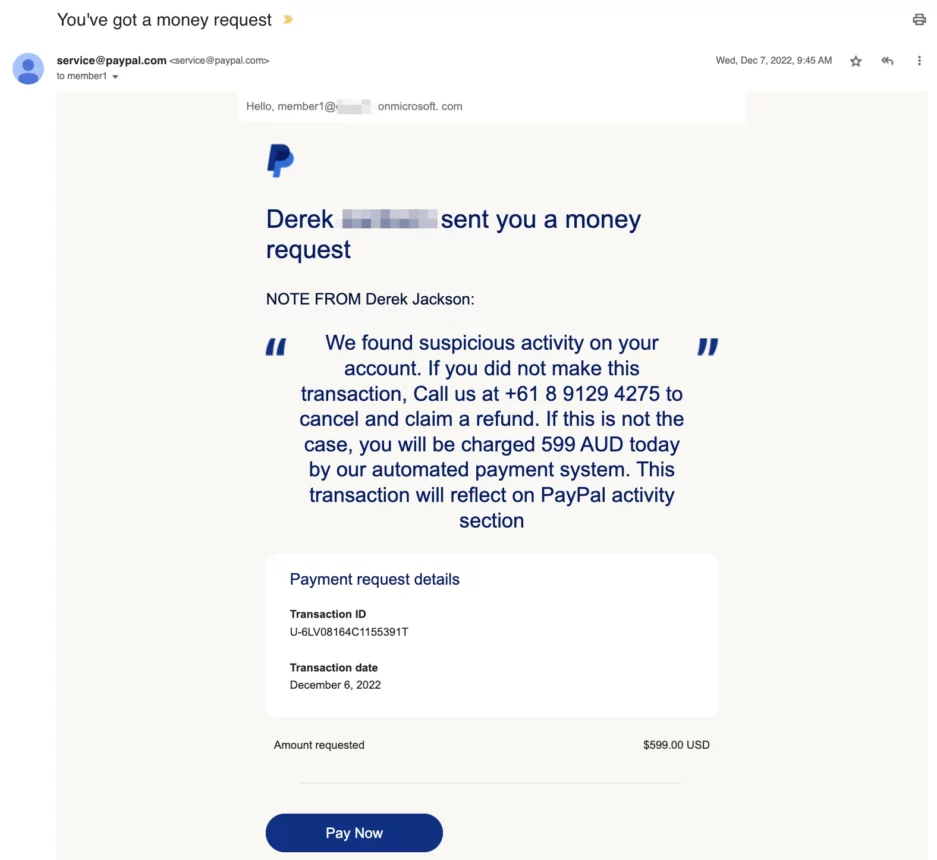 money request scam example