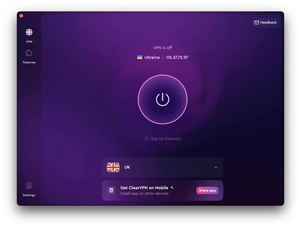 new clearvpn main screen mac