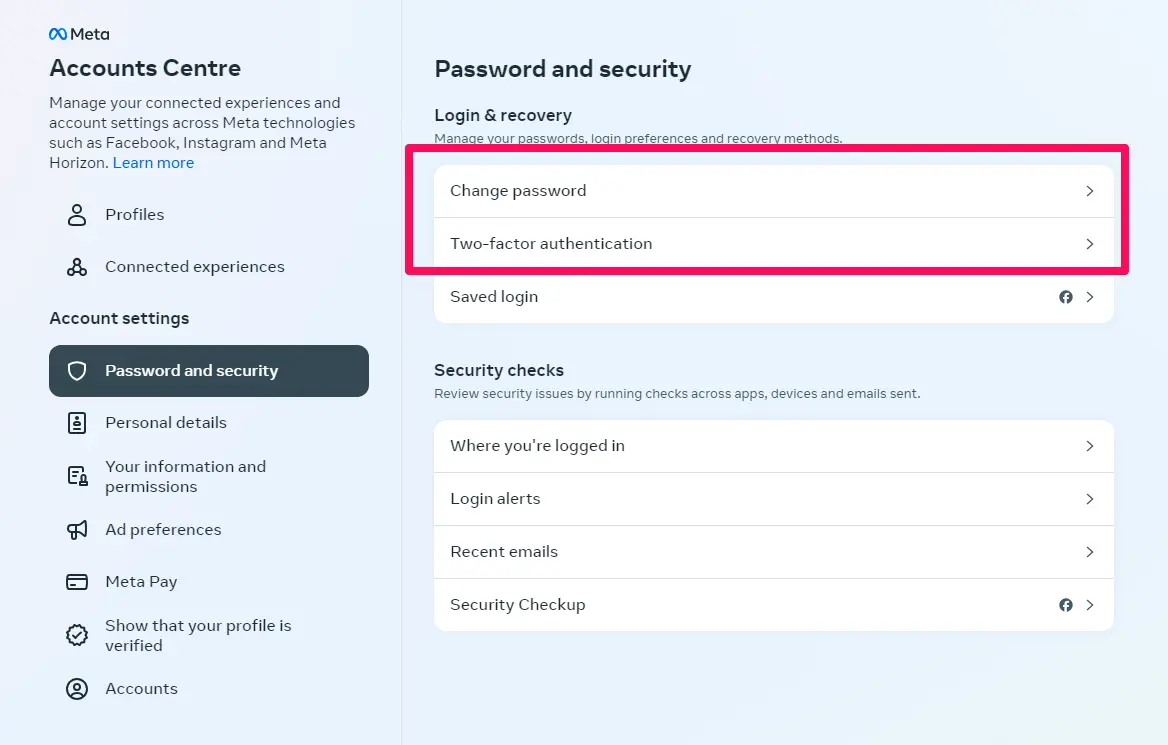 Facebook password and security settings