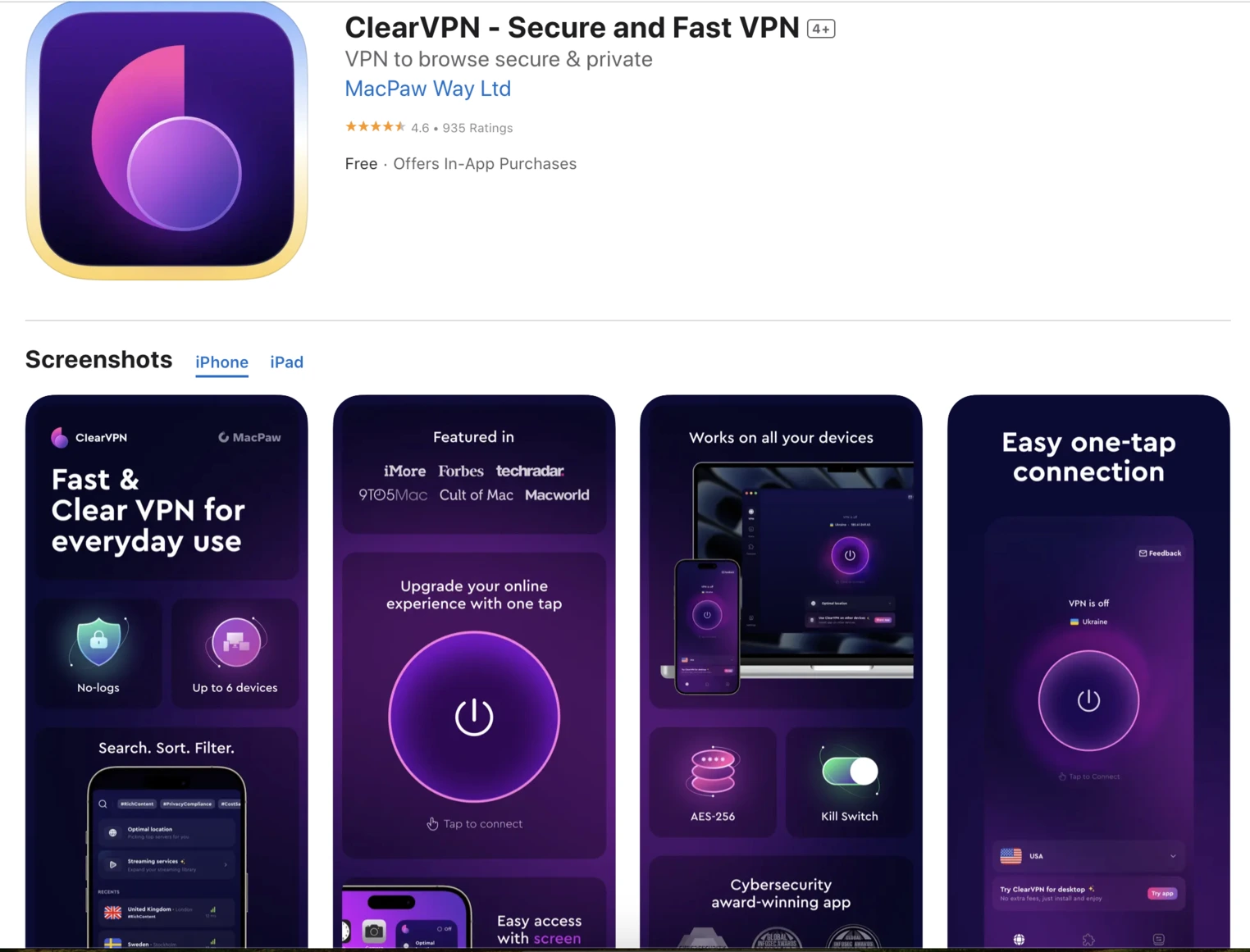 Clearvpn app store view