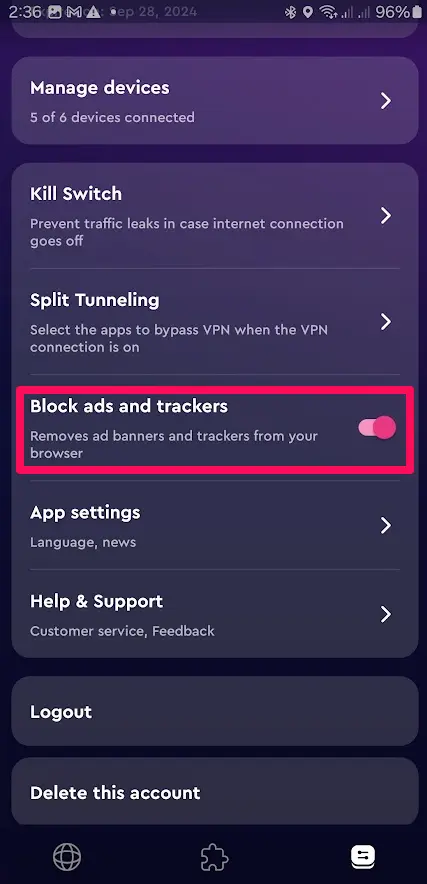 block ads and trackers feature