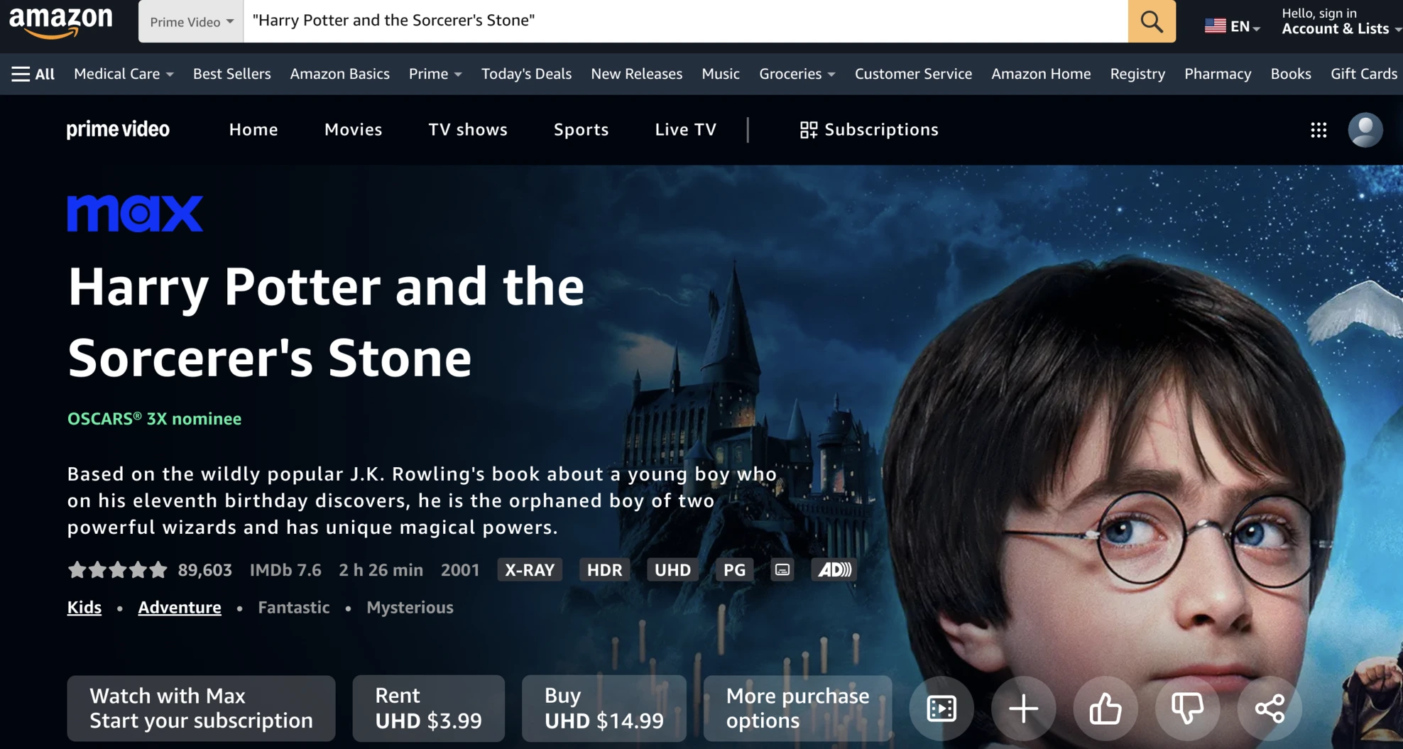 harry potter on Amazon prime