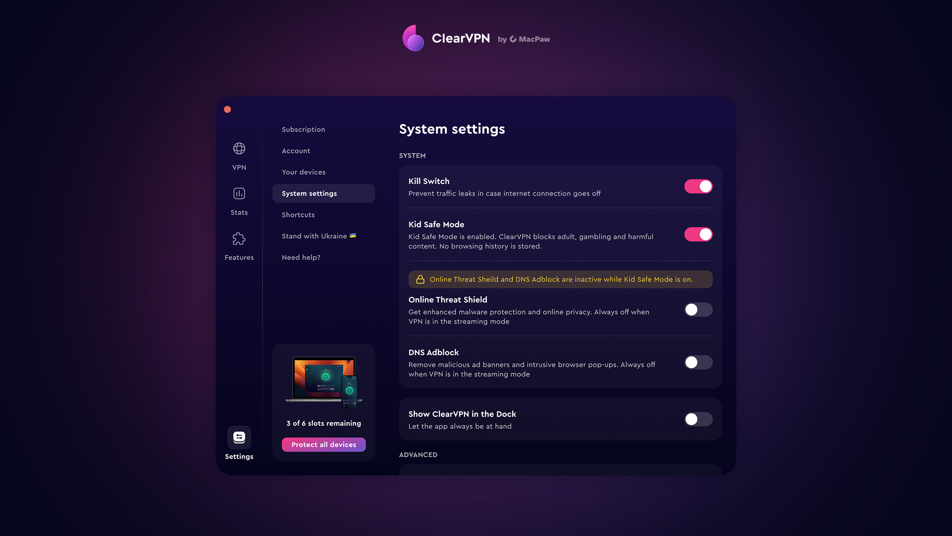 ClearVPN Kid Safe Mode interface