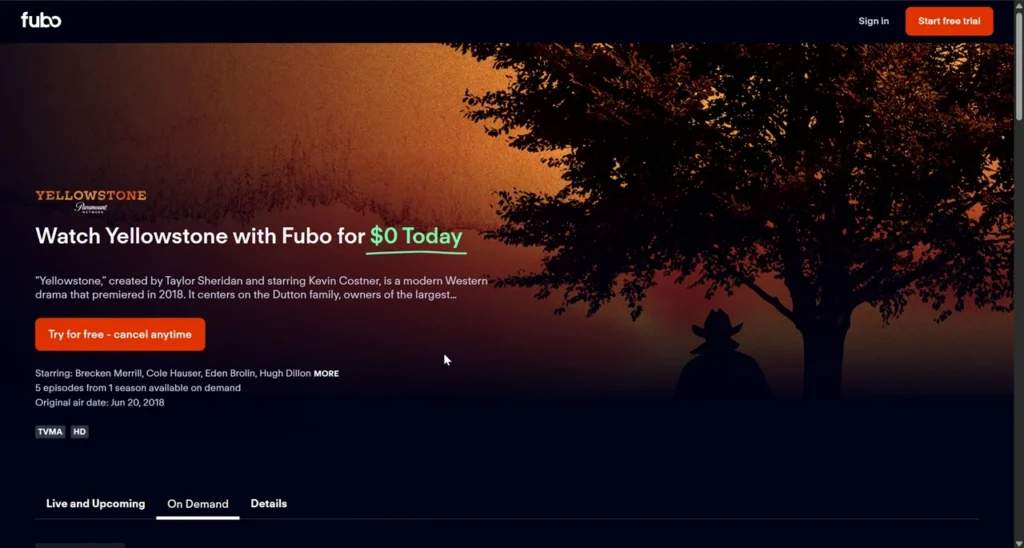 Fubo Yellowstone page