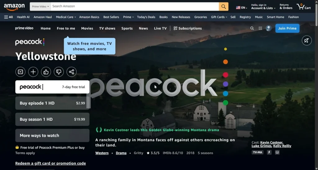 Prime Video Peacock Yellowstone