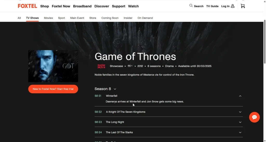 Foxtel Game of thrones page