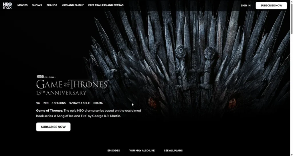 HBOMax Game of thrones homepage