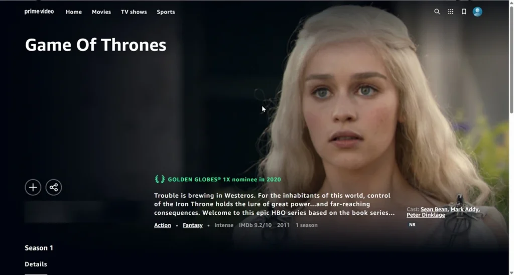 Primevideo Game of thrones page