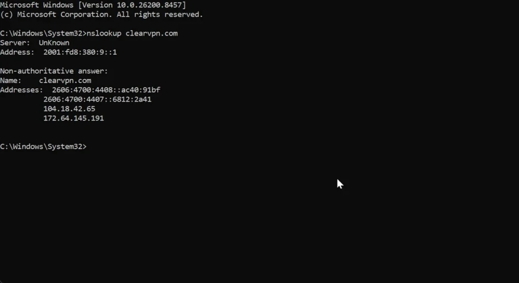 Command Prompt showing nslookup results, used to check ISP blocking