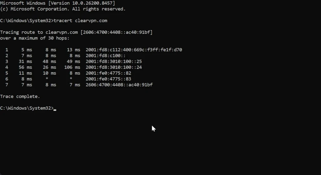 Command Prompt showing tracert route, used to diagnose ISP blocking